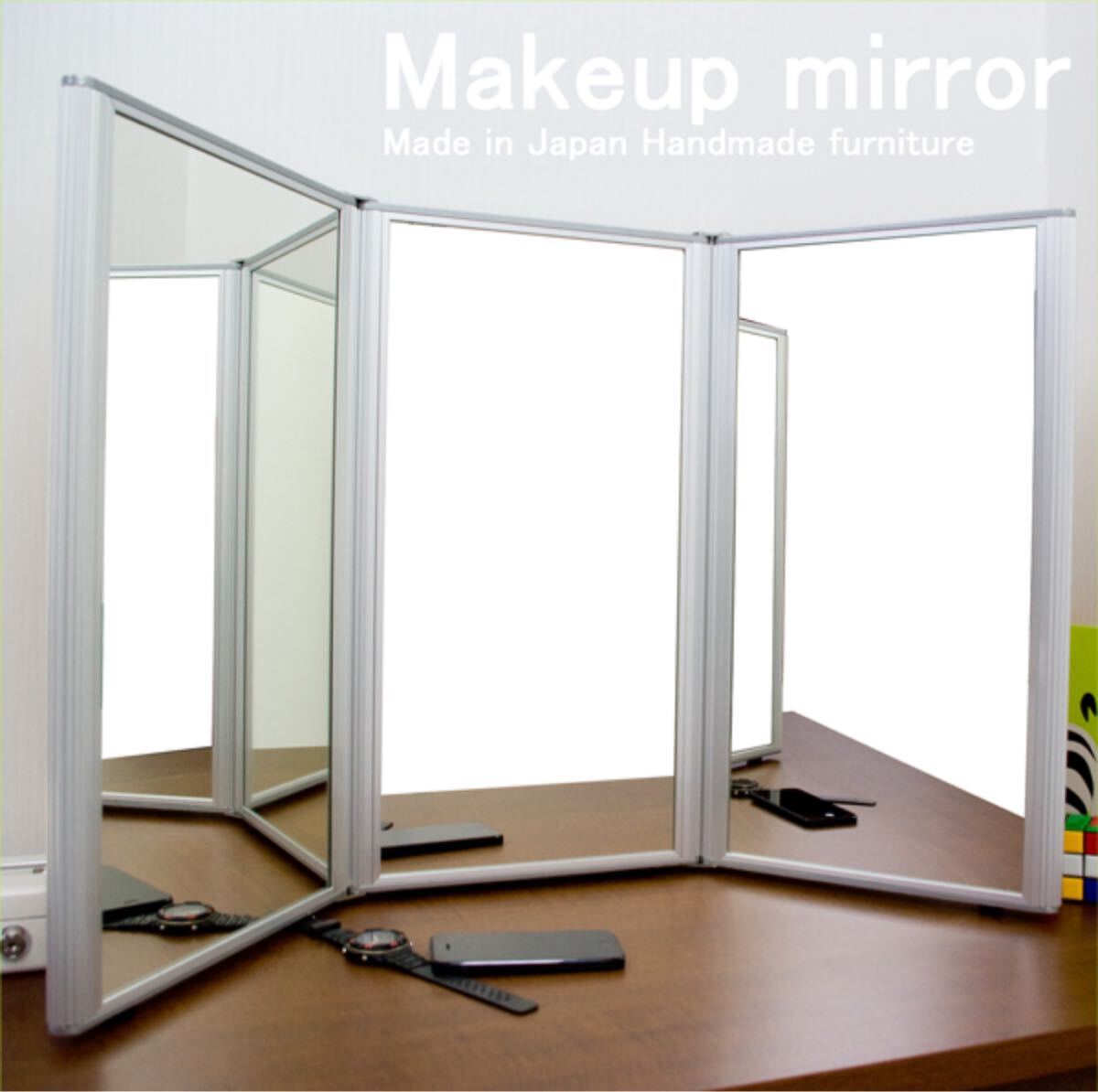  three surface mirror large mirror desk make-up mirror professional mirror dresser unused rare made in Japan handmade aluminium 