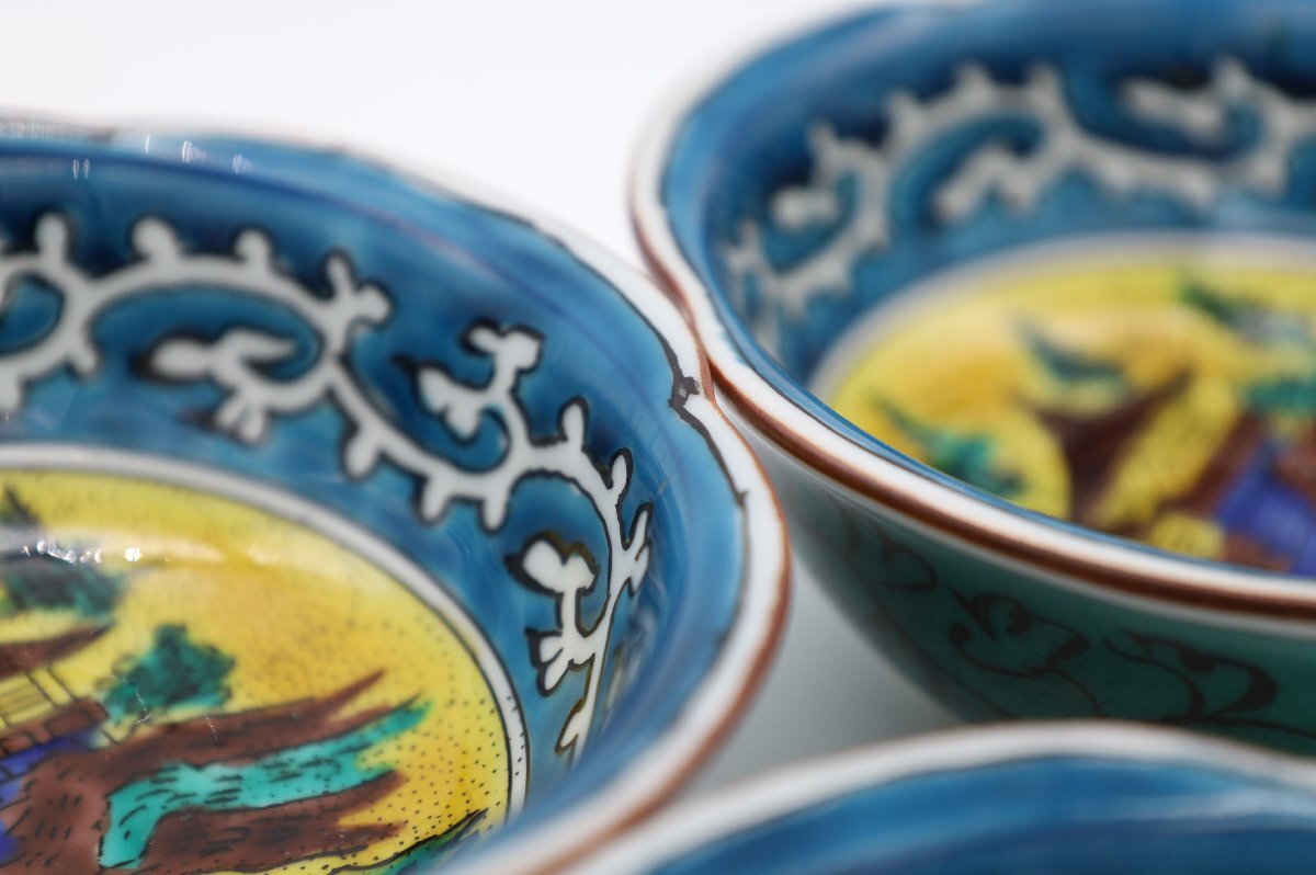 九谷焼 角福 色絵 絵付 丸皿 5枚セット 骨董 美術品 陶芸 陶器 和食器 1857_画像8