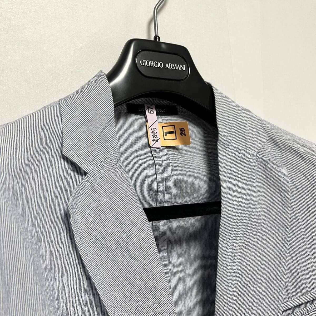 【美品】EMPORIO ARMANI アルマーニ 綿メンズジャケット パンツ セットアップ ホワイト×ブルーストライプ size48 クリーニング済みの画像3