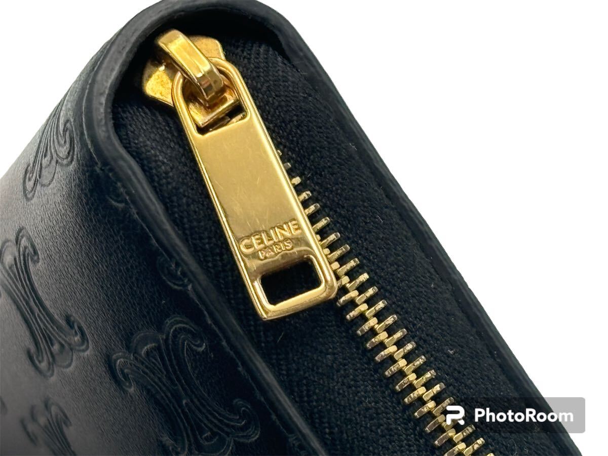  beautiful goods CELINE Celine long wallet original leather black Trio mf round Zip 