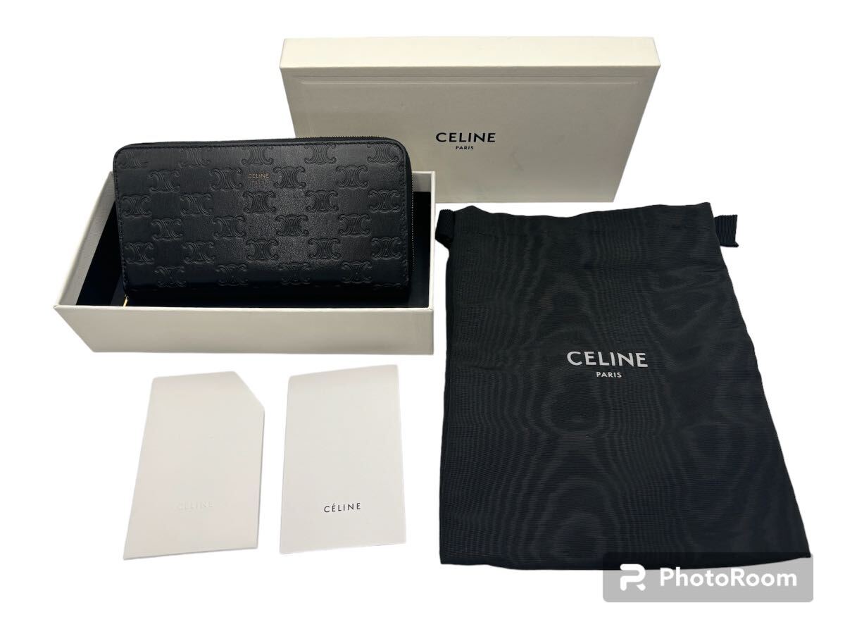  beautiful goods CELINE Celine long wallet original leather black Trio mf round Zip 