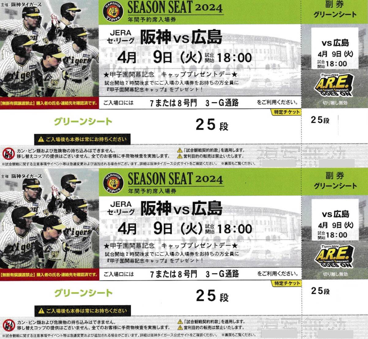 4/9 阪神 vs 広島（甲子園球場）グリーンシート ペア（2枚）の画像1