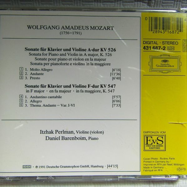 【独盤】パールマン/バレンボイム「モーツァルト：ヴァイオリン・ソナタ第42番/第43番」1991年_画像2