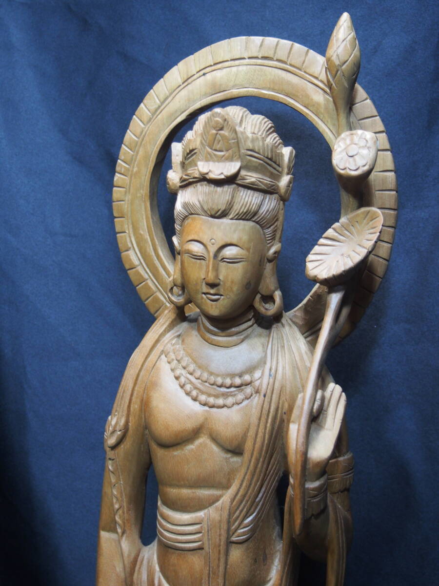 【観音立像】木彫り 菩薩像■仏教古美術 天然木 60cm_画像2