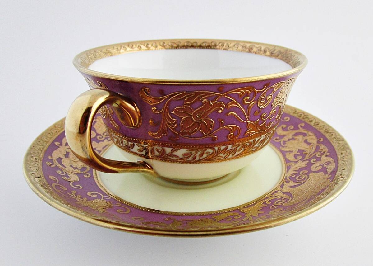  Old Noritake gold paint peak up flower . pattern purple cup & saucer & cake plate 