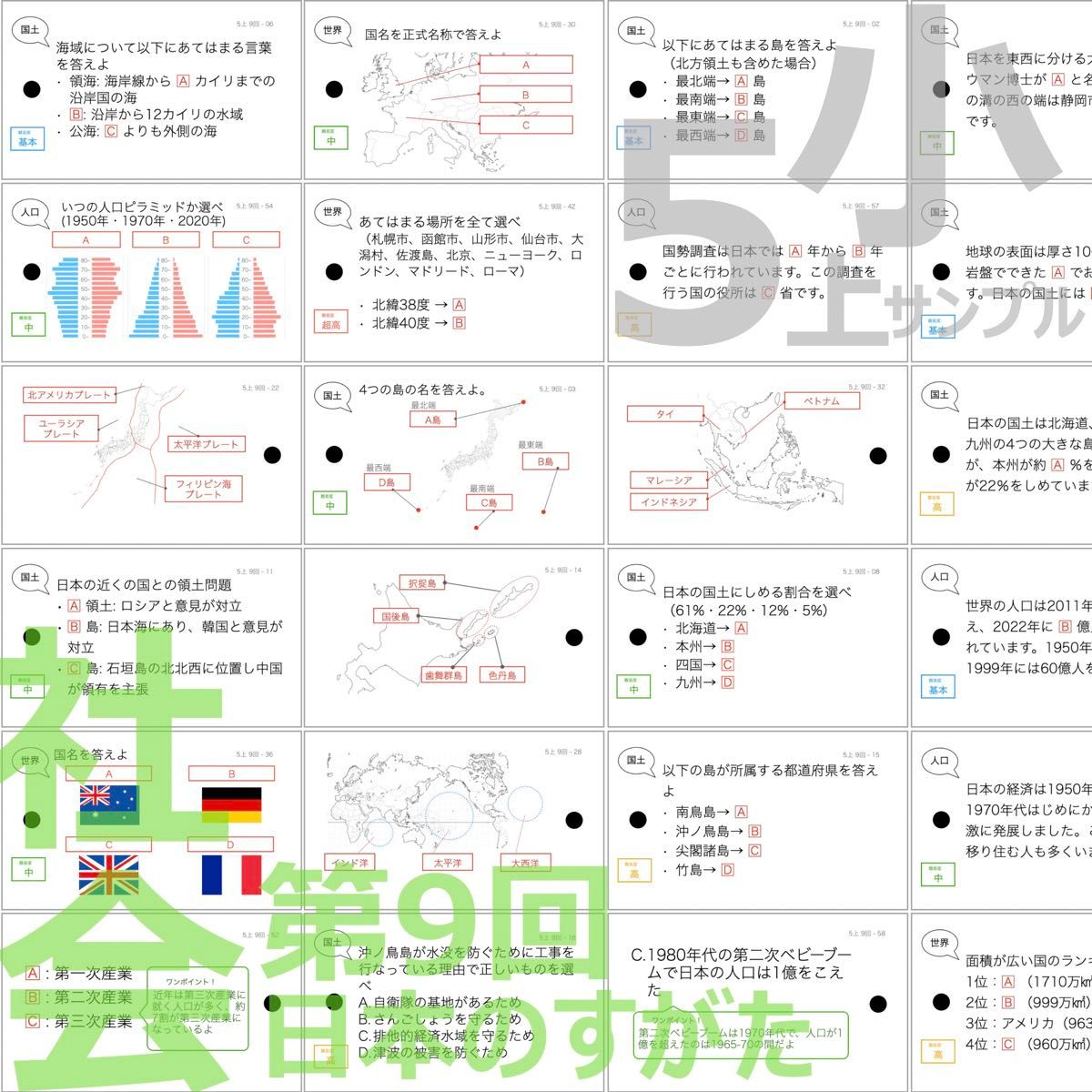 中学受験 暗記カード【5年上 社会・理科6-9回】 予習シリーズ 組み分け対策