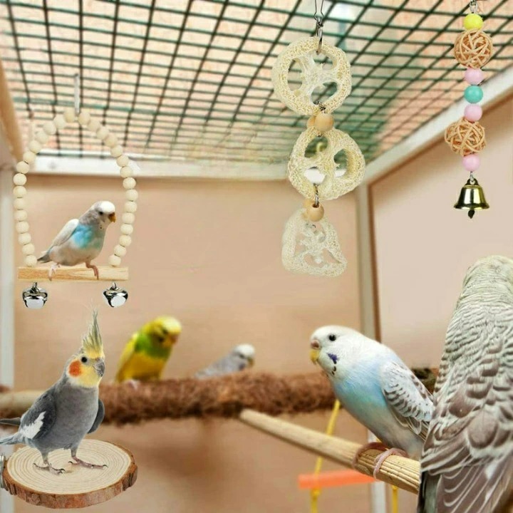 鳥 用 おもちゃ バードトイ 8点セット かじり木 止まり木 インコ セキセイ オカメ セキセイ コザクラ ウロコ 運動 ブランコ 吊下げ 玩具_画像6