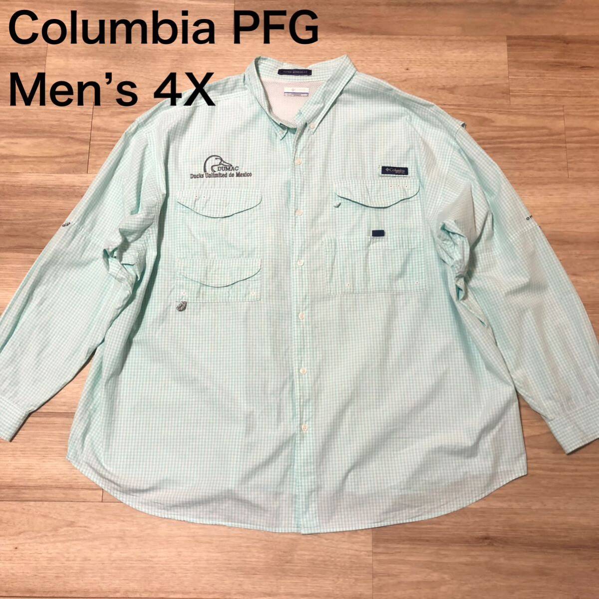 【送料無料】Columbia PFG長袖シャツ パステルカラーチェック柄緑白　メンズ4Xサイズ　コロンビアアウトドア登山フィッシングシャツ大きい_画像1