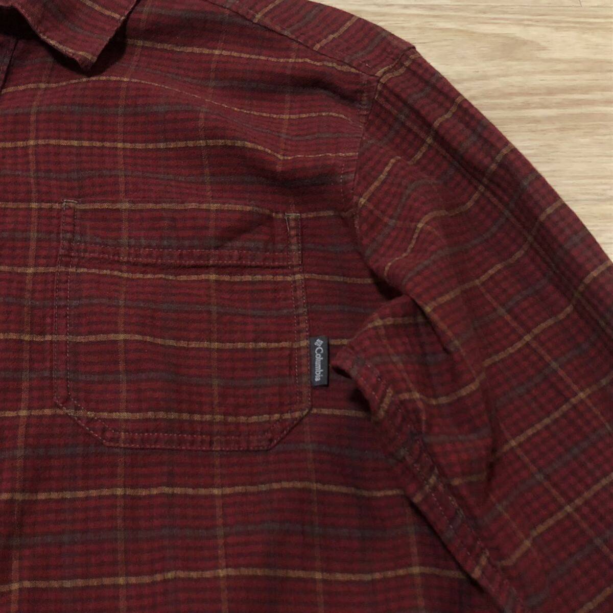 【送料無料】Columbia 長袖シャツ 赤系チェック柄　メンズLサイズ　コロンビアアウトドアチェックシャツ