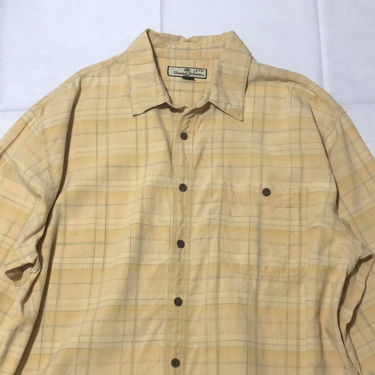 【送料無料】Tommy Bahamaシルク100%長袖シャツ 黄色チェック柄　メンズXLサイズ　トミーバハマアロハシャツブランド絹