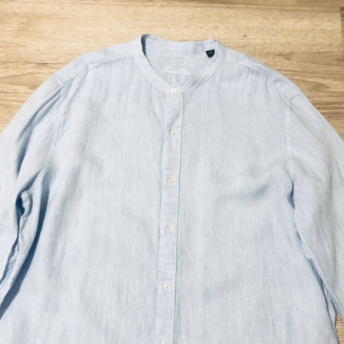 【送料無料】Tasso Elbaリネン100%襟なし長袖シャツ水色　メンズXLサイズ　麻アロハシャツブランド_画像2