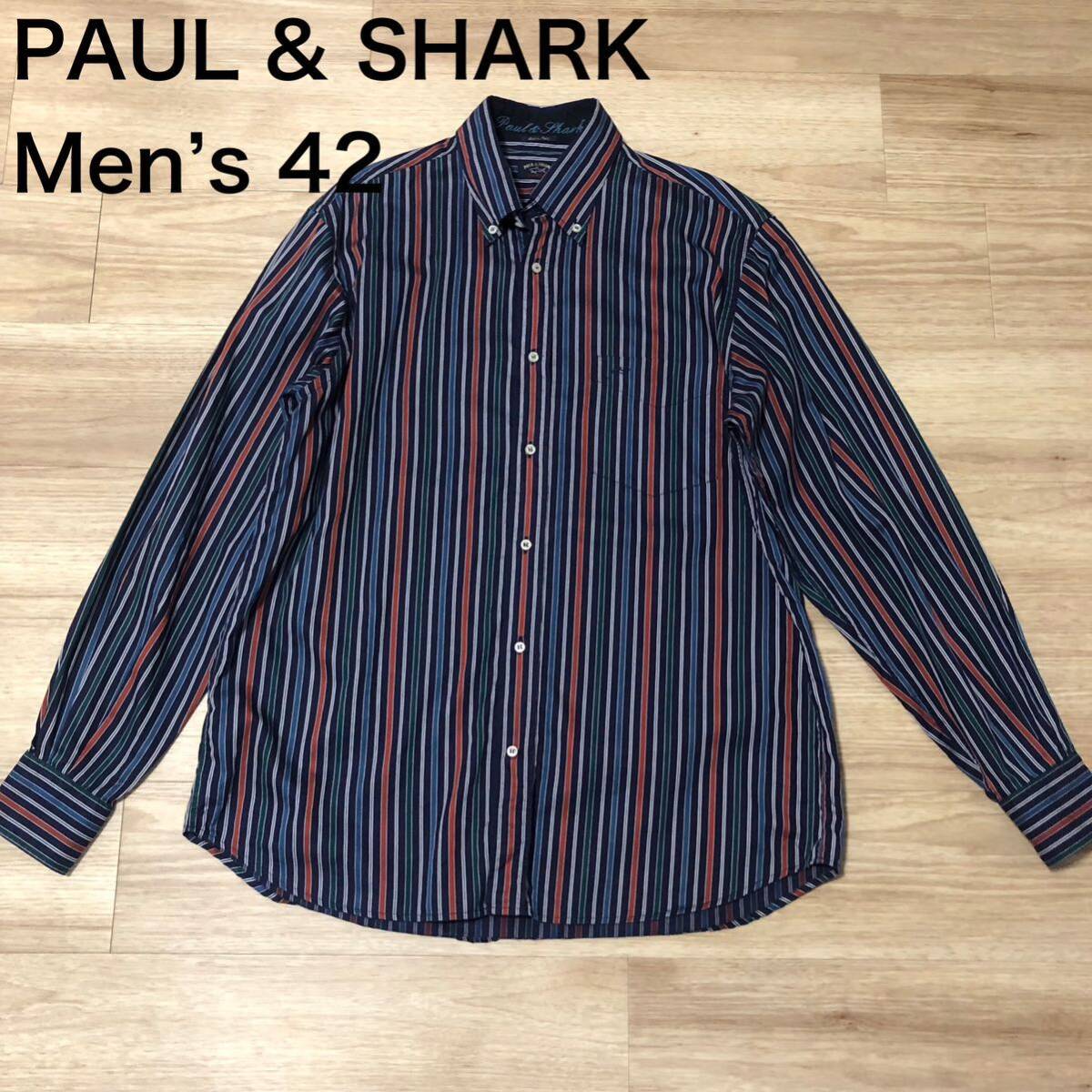 【送料無料】PAUL & SHARKイタリア製長袖シャツ　ネイビー系ストライプ柄　メンズ42サイズ　ポールアンドシャーク