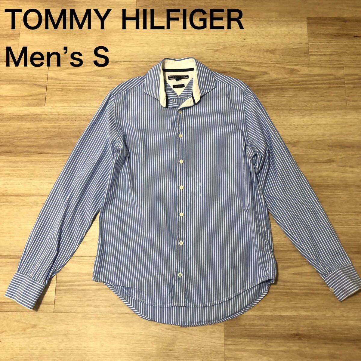 【送料無料】やや汚れありTOMMY HILFIGER長袖シャツ青白ストライプ柄　メンズSサイズ　トミーヒルフィガー_画像1