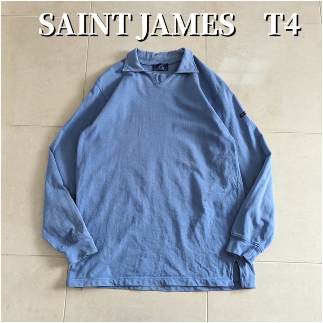 希少　SAINT JAMES　セントジェームス　襟付き　バスクシャツ　ネイビー　T4_画像1