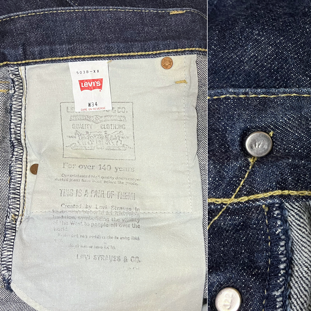 W34 90s 日本製 LEVIS リーバイス 503BXX デニムパンツ J22 ジーンズ L36 ビンテージ復刻 革 レザーパッチ 97年製 501XX 702XX 濃紺 レア_画像7