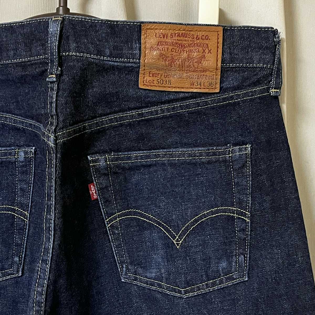 W34 90s 日本製 LEVIS リーバイス 503BXX デニムパンツ J22 ジーンズ L36 ビンテージ復刻 革 レザーパッチ 97年製 501XX 702XX 濃紺 レア_画像1