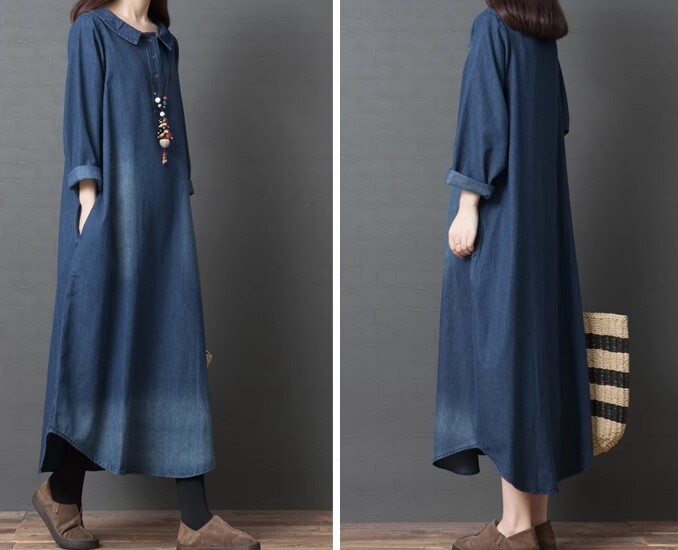  Denim material. lovely collar. long height dress * new goods * large size * color ... lovely long height A line dress 