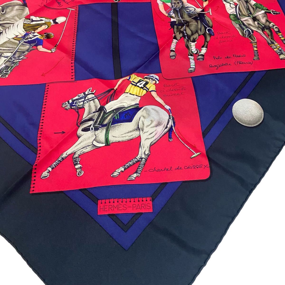 1円 美品 エルメス カレ90 大判 スカーフ シルク HERMES ポロの世界 LE MONDE DU POLO ネイビー レッド 紺 赤_画像3