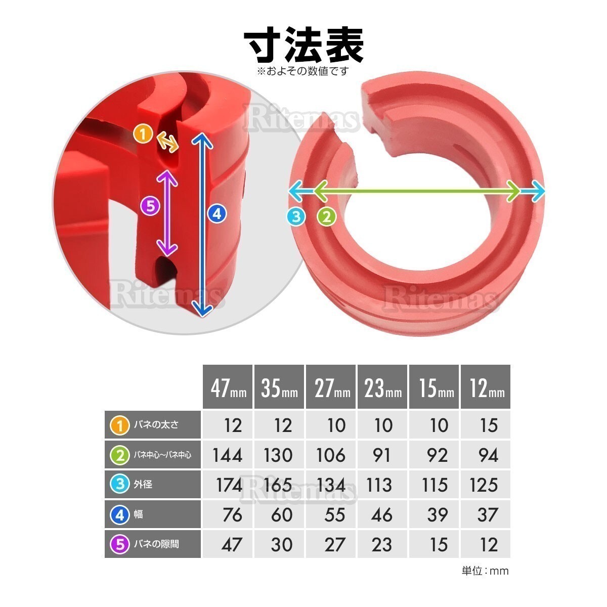 ラバースペーサー スプリングゴム ショックアブソーバー 汎用 47mm 2点セット レッド 車高調 サスペンション スペーサー カスタムパーツ_画像3