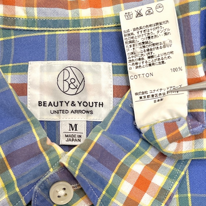 UNITED ARROWS BEAUTY＆YOUTH シャツ チェック ボタンダウン 長袖 ポケット 綿100% M ブルー 青×緑×黄×茶×白 メンズ(レディース？)_画像3