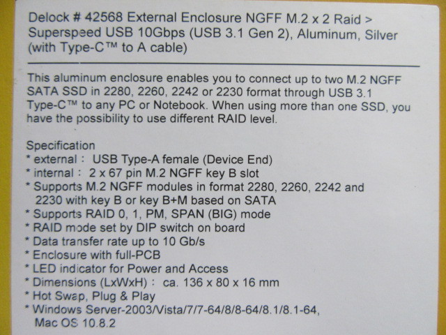 ★新品★Delock★M.2 SATA SSD用★#42568 External Enclosure NGFF M.2 X 2 RAID