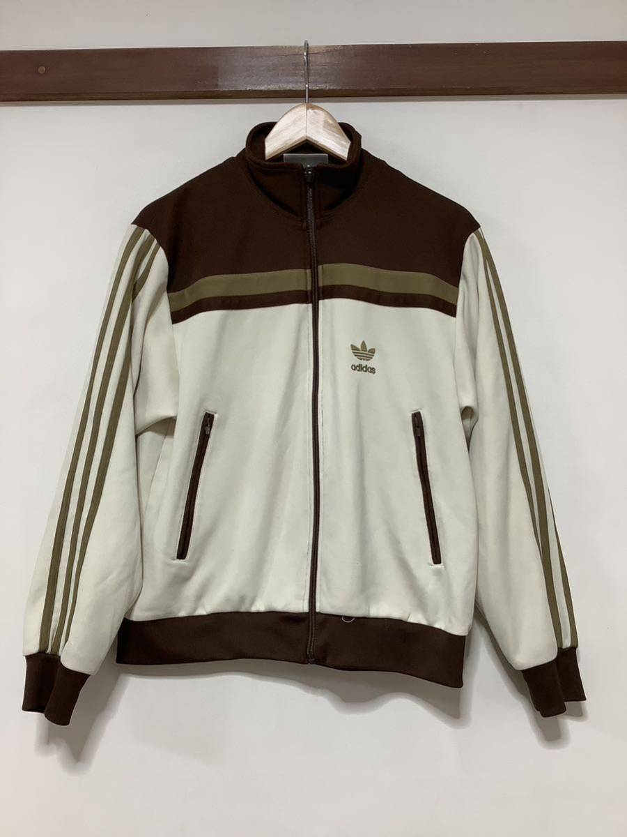 く4376 adidas アディダス 銀タグ 80's ビンテージ トラックジャケット ジャージ S ベージュ/ブラウン 万国旗 メンズ_画像1