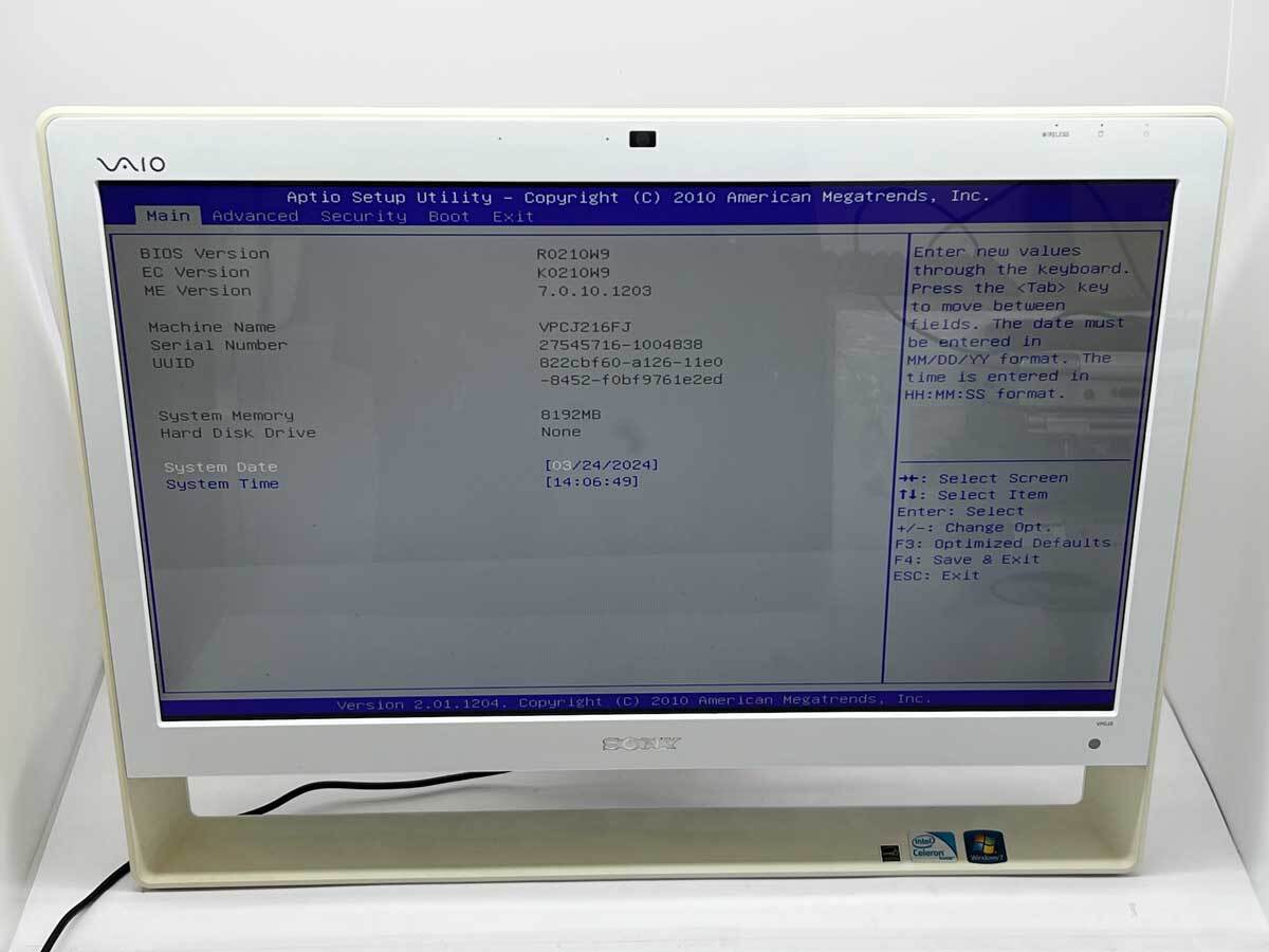 【ジャンク品】SONY デスクトップ一体型 VAIO PCG-11413N Celeron B810 1.60GHz/8GB/HDDなし/BIOS起動確認済_画像1