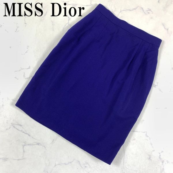 LA434 ミス ディオール ひざ丈スカート 青ダークブルー 裏地あり miss Dior Christian Dior ウール100％ M_画像1