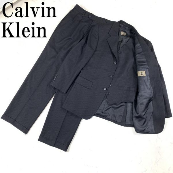 LA568 カルバンクライン 3点セットアップ スーツ 黒ブラック ストライプCalvin Klein 上下セット フォーマル セレモニー 冠婚葬祭