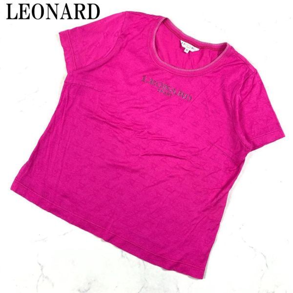 LA999 レオナール 半袖Tシャツ ピンク パターン柄 ラインストーン LEONARD 大きいサイズ ラメ糸 42_画像1