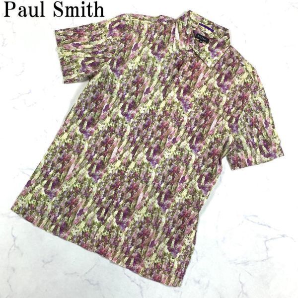 LA1138 ポールスミス 花柄半袖コットンシャツ マルチカラー 総柄 Paul Smith 紫パープル アイボリー ミックスカラー 綿コットン100％ M_画像1