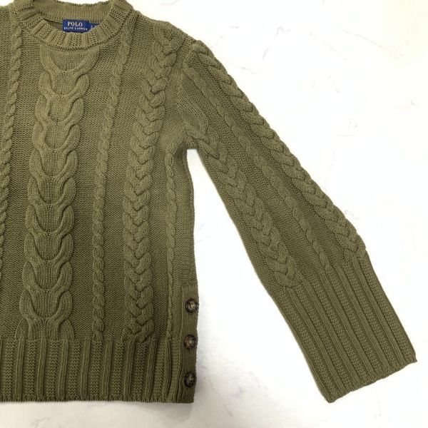 LA803 ポロラルフローレン 長袖ケーブルニット カーキグリーン POLO RALPH LAUREN 綿コットン100％ フレア袖 M_画像6