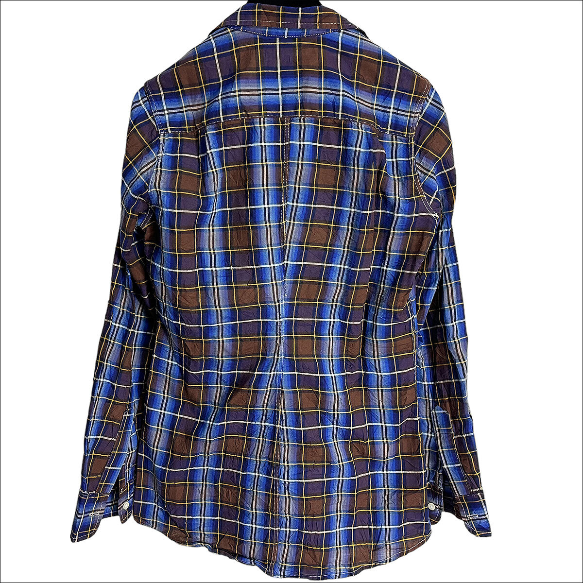 J6016 超美品 フランク&アイリーン シワ加工 チェック柄 オープンカラーシャツ スキッパーシャツ ブラウン×ブルー XS(XL相当)Frank&Eileen_画像3
