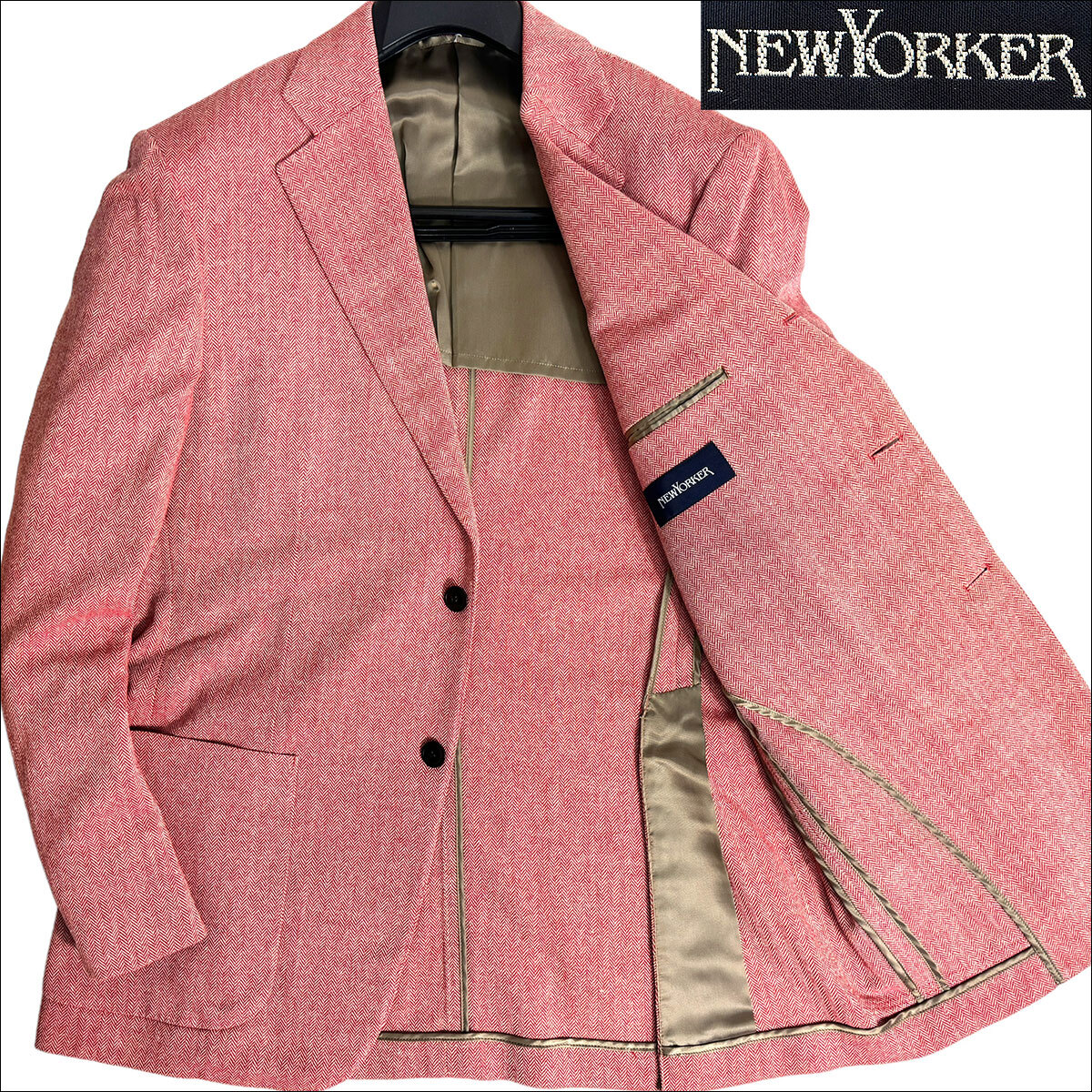 J7075 美品 ニューヨーカー ヘリンボーン柄 テーラードジャケット ピンク LL NEWYORKER