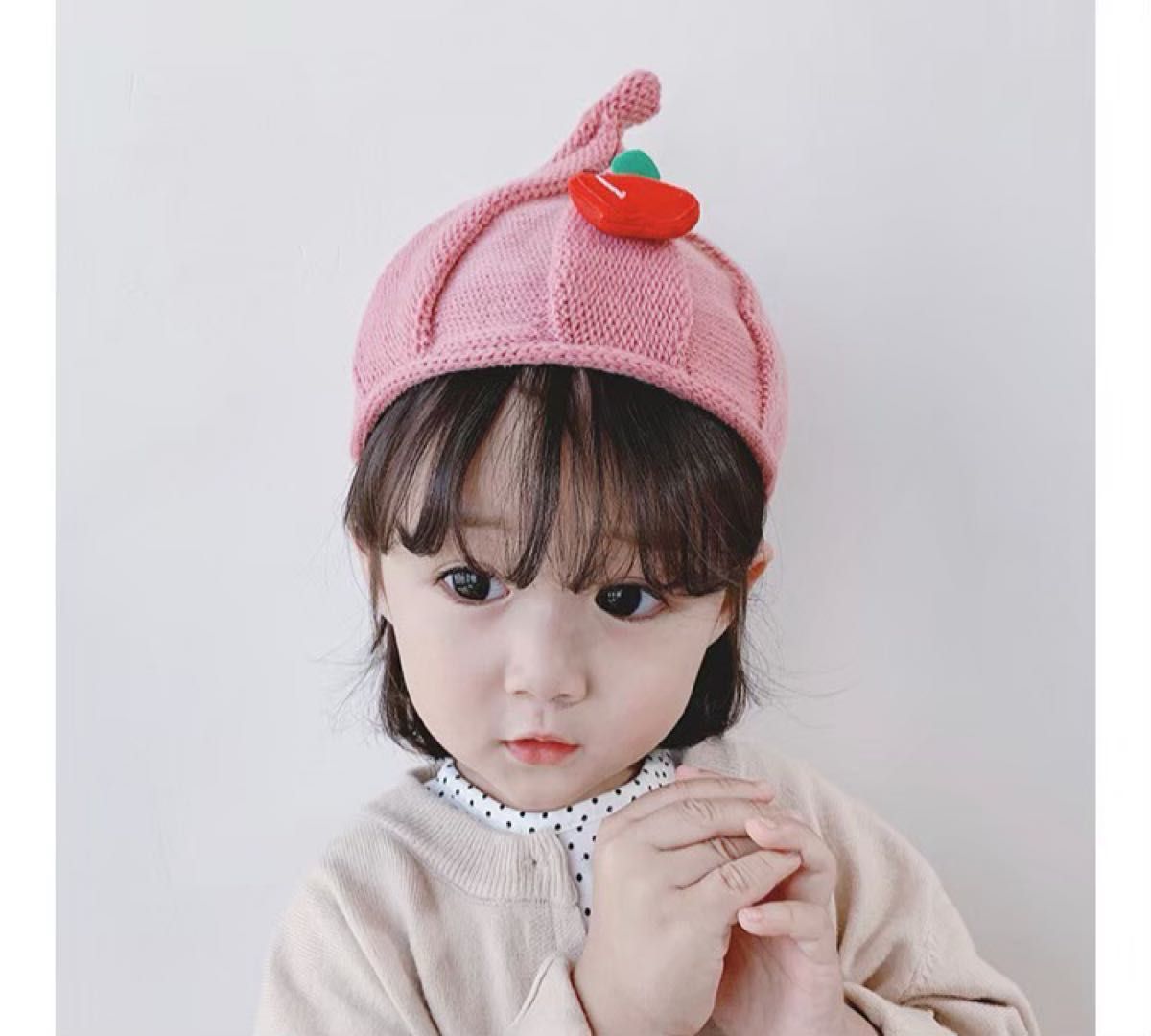 ベビー　帽子　キッズ　ニット帽　可愛い　とんがり帽子　韓国　ベージュ　あったかい　防寒　おしゃれ　果物　フルーツ