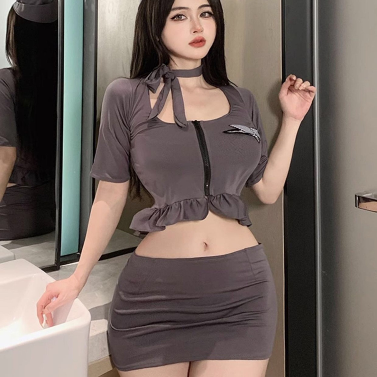 OR1028GR CA cabin attendant sexy uniform [ tops * skirt * hat * T-back 5 point set ] costume play clothes 