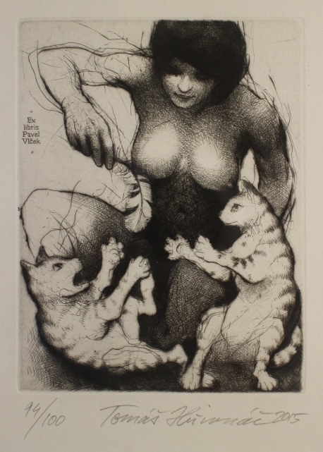 銅版画　蔵書票　94/100 EX-LIBRIS 猫と裸婦の描かれた素敵なものです_画像2