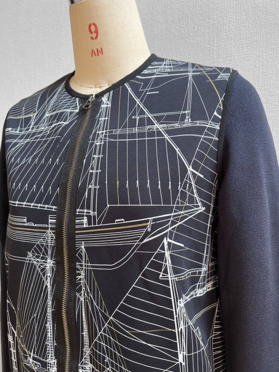 MOGA/モガ ビギ ノーカラープリント ジップニットジャケット ネイビー羽織り 上着 春 ジップアップ の画像2