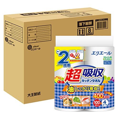 エリエール キッチンペーパー 超吸収 キッチンタオル 100カット×16ロール(4ロール×4パック) パルプ100% 2倍巻き 【ハーフケース】_画像1