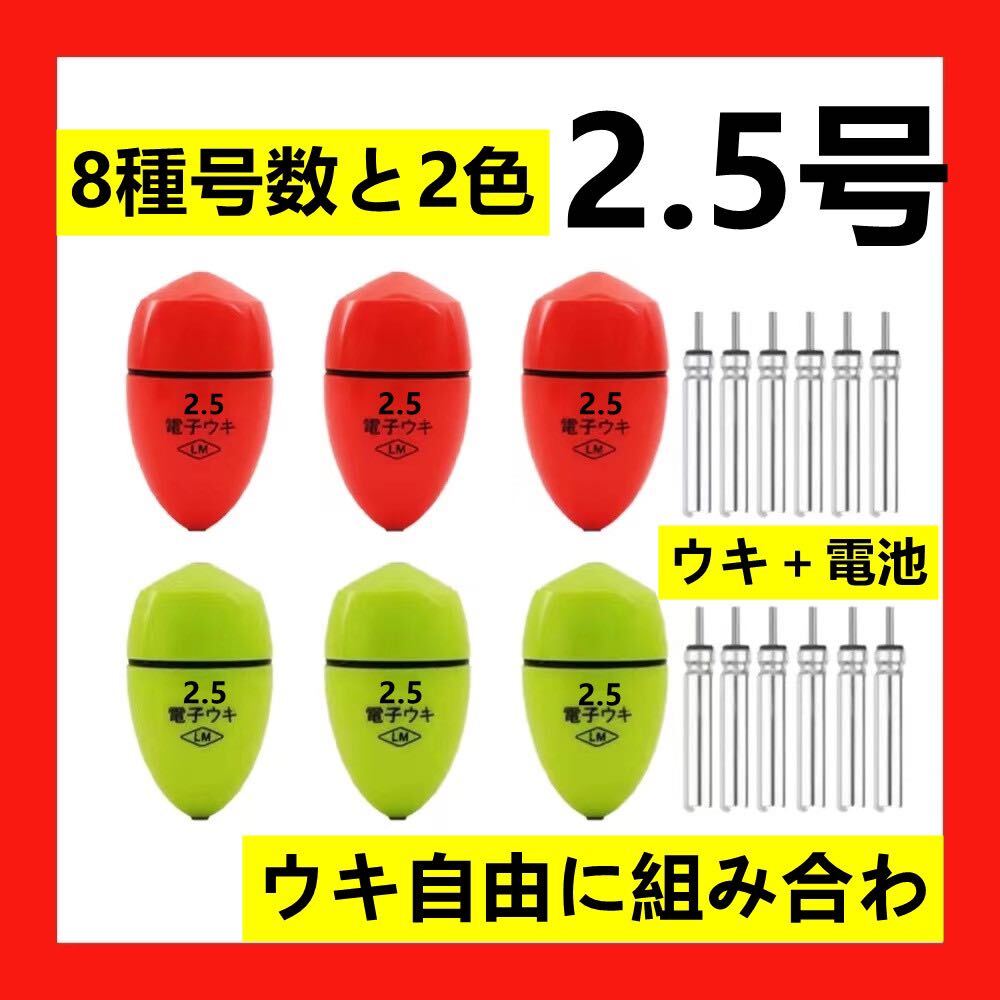 6個2.5号 兩色電子ウキ+ ウキ用ピン型電池 12個セット_画像1