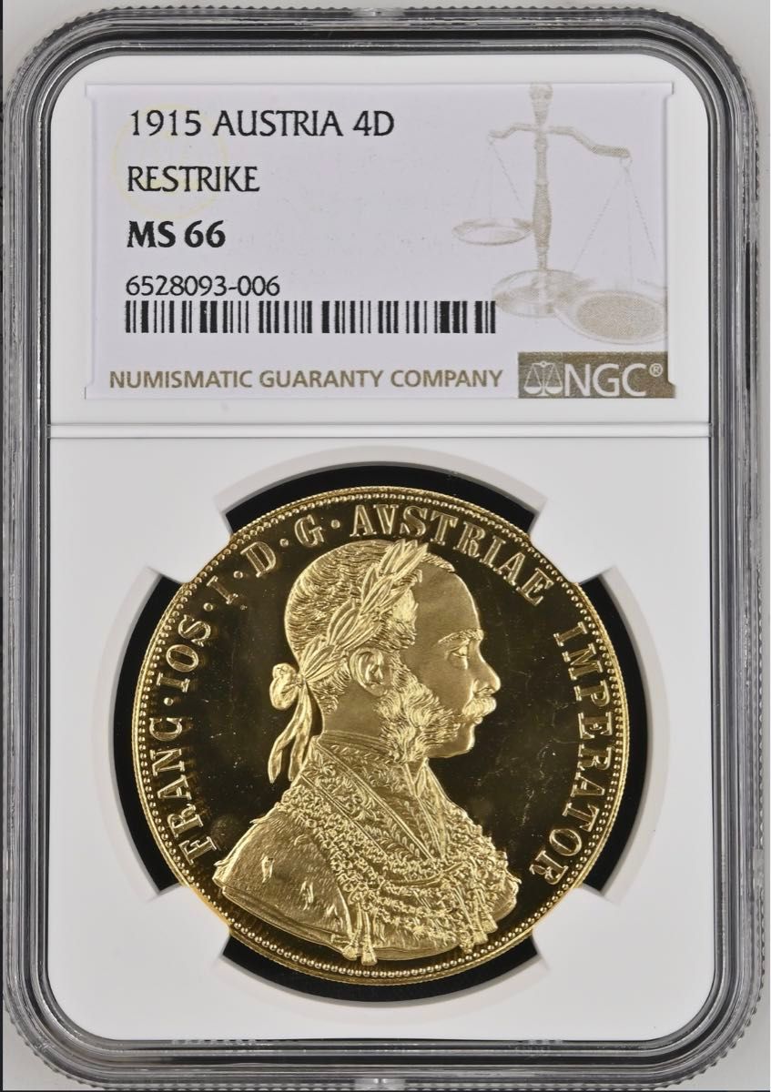 ★高鑑定 大型金貨 1915 オーストリア フランツ・ヨーゼフ１世 4ダカット 金貨 双頭の鷲 NGC MS66 リストライク