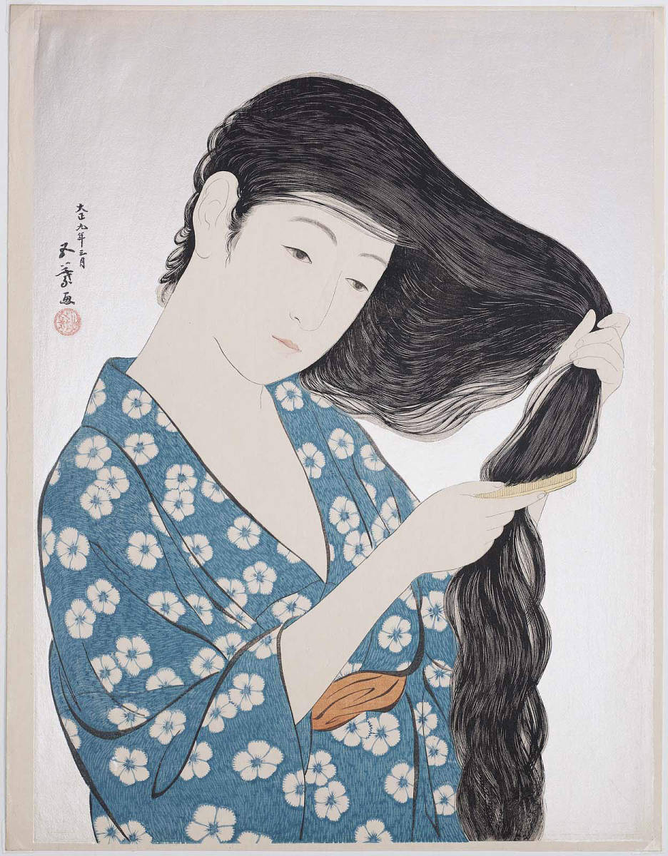 橋口五葉 髪梳ける女  56ｘ43.6ｃｍ 大判ポスター 複製 ◆新版画 小原古邨 川瀬巴水 北斎 歌麿 土屋光逸 吉田博 月岡芳年 の画像1