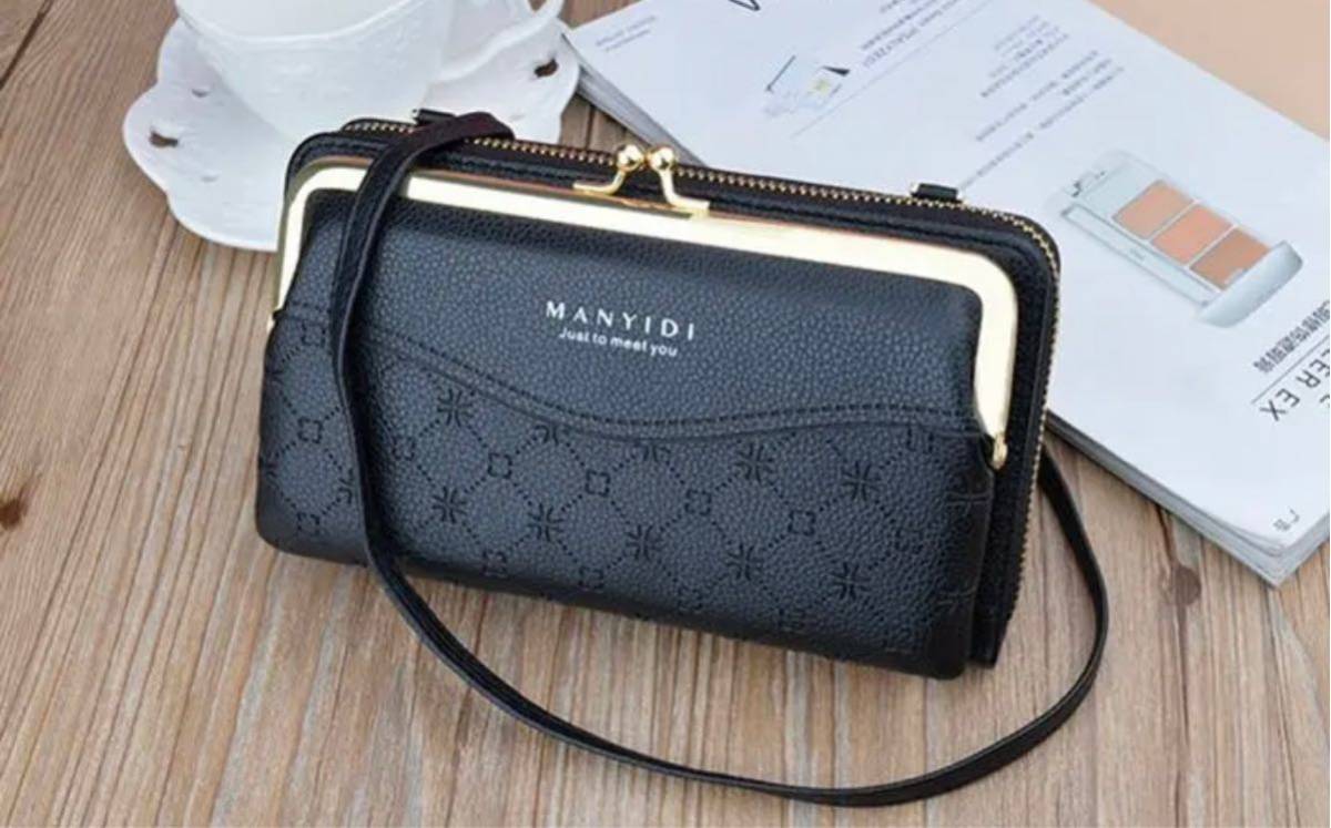  new goods long wallet horizontal purse pochette shoulder bag . purse smartphone pouch black bulrush .