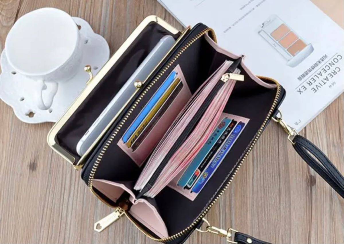  new goods long wallet horizontal purse pochette shoulder bag . purse smartphone pouch black bulrush .