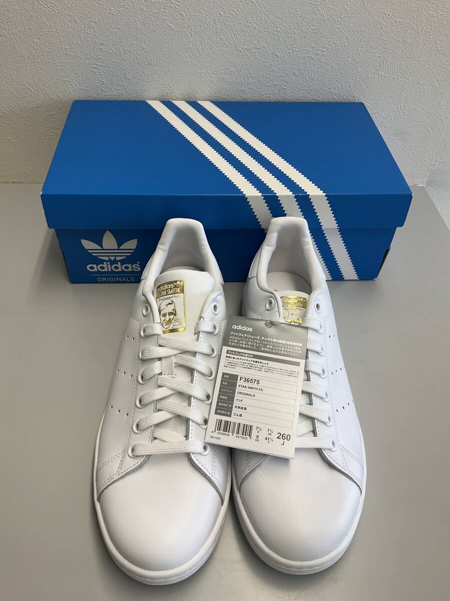 ★ adidas 品番：F36575 品名：STAN SMITH FD WHT／WHT／GLD カテゴリー：ORIGINALS 260 原産国：インド　天然皮革　ゴム底_画像1