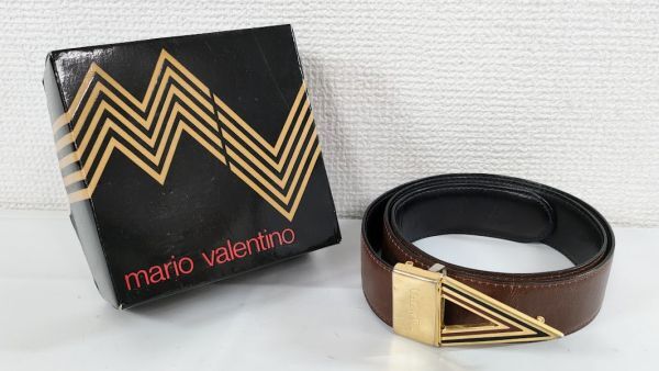  Mario Valentino belt original box attaching approximately 78cm Brown Gold Logo buckle leather leather MARIO VALENTINO* fashion [ used ]1990G