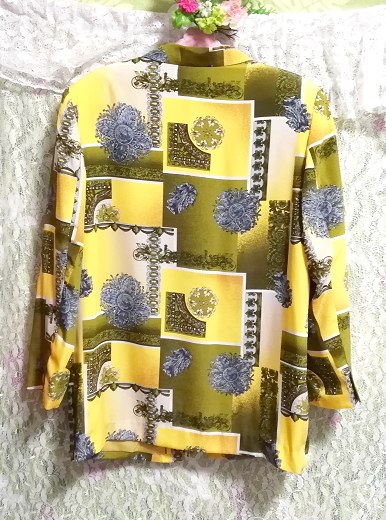 日本製黄色エスニック柄サラサラ薄手/カーディガン/羽織 Made in japan yellow ethnic pattern smooth thin cardigan