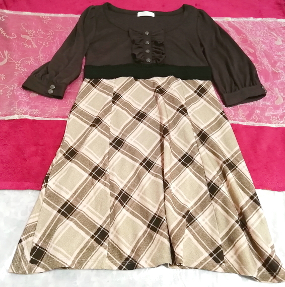 茶ブラウンチェック柄ネグリジェスカートチュニックワンピース Brown check pattern negligee skirt tunic dress_画像4