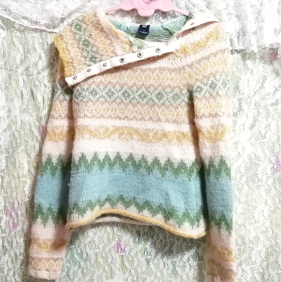 黄緑フローラルホワイトエスニック柄タートルネック長袖/セーター/ニット/トップス Yellow green floral white ethnic sweater knit tops
