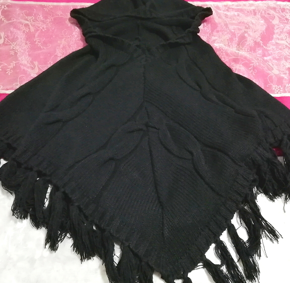 黒ブラックニットセーターフリンジポンチョケープ Black knit sweater fringe poncho cape_画像2